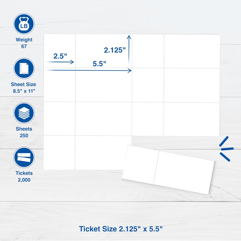 PrintWorks Printable Raffle Tickets With Tear-Away Stubs for Events & Fundraisers - 2000 Custom Tickets (Size 2.125" x 5.5") - 8 per Sheet - 250 Sheets (8.5" x 11") - Made in the USA - White (04296) - Image 2